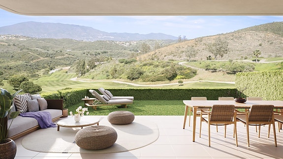 Moderne leiligheter med hav- eller golfutsikt - Stor terrasse og fellesområde med basseng, gym og coworking