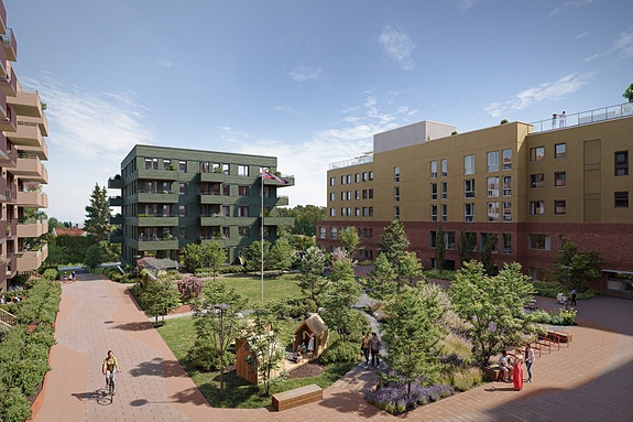 Leilighetens sørvendte markterrasse vender mot Torghagens store grønne, bilfrie gårdsrom. Illustrasjon.