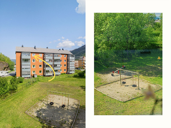 Fra leiligheten er det umiddelbar nærhet til opparbeidet parkarealer med lekeapparater og grøntområder