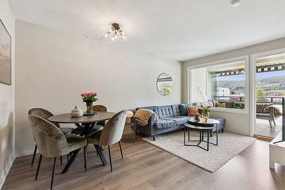 Hyggelig atmosfære med plass til både sofa, spisebord og planter.