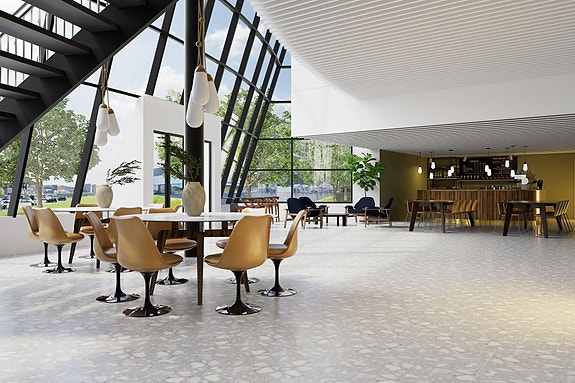 Inngangsparti etter oppussing.
3D-illustrasjon som skal gi et bilde av standard og mulig utforming etter rehabilitering. Det tas forbehold om endringer.