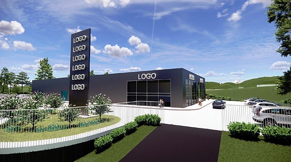 Illustrasjon av innkjøring og bygg