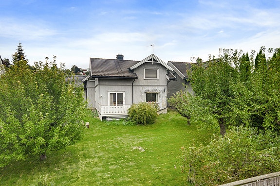 Det er en trivelig tomt med plen og beplantning