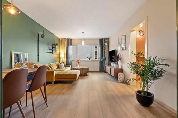 Pen stue med moderne fargevalg på overflater.