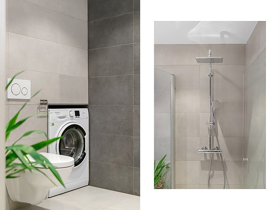 Flott bad med dusj og opplegg til vaskemaskin