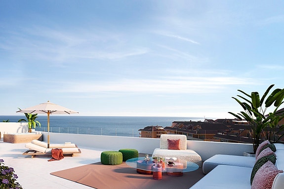 Fantastisk leilighet med havutsikt | Stor terrasse og kun 350m til strand | Flotte fellesområder