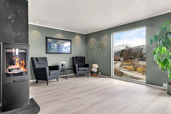 Stue er utstyr med vedfyring