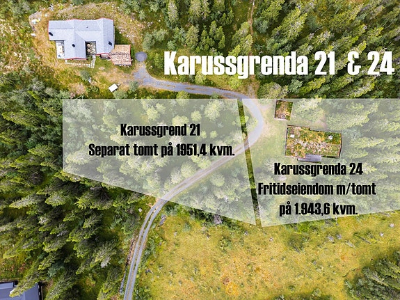 Velkommen til Karussgrenda 21 og 24. Sjarmerende fritidseiendom med tilhørende separat tomt (inntegning er ikke eksakt).