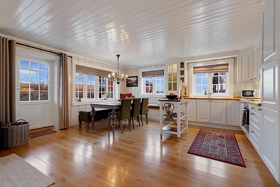 Velkommen til Valtjednvegen 189C på Gomobu. Leiligheten har en lys og koselig stue med panel på vegger. Foto: Christine Stokkebryn