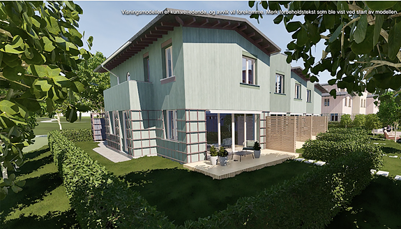 Lekkert & attraktivt 2-plans rekkehus med solrik hage og terrasse - 4 soverom - Garasjeplass - SALG AV KONTRAKT - Bildet er tatt fra utbyggers solmodell og viser beliggenheten og utseendet til rekkehuset. Bildet kan avvike fra ferdig leveranse