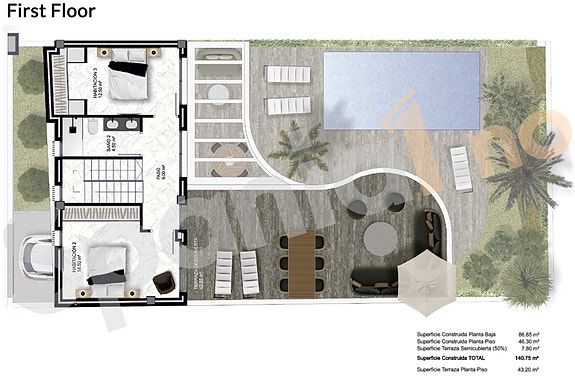 Hjørne-villa med takterrasse 42 m² - Privat basseng og hage - 3 soverom og 3 bad - Parkering