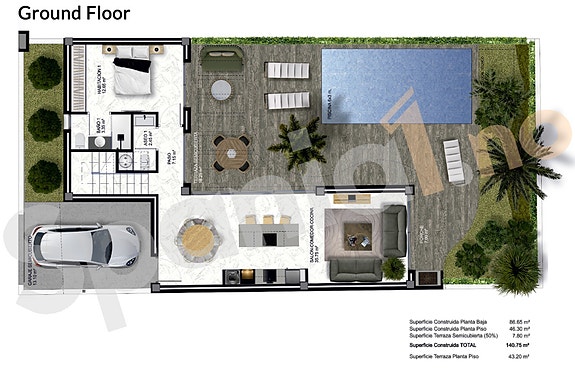 Hjørne-villa med takterrasse 42 m² - Privat basseng og hage - 3 soverom og 3 bad - Parkering