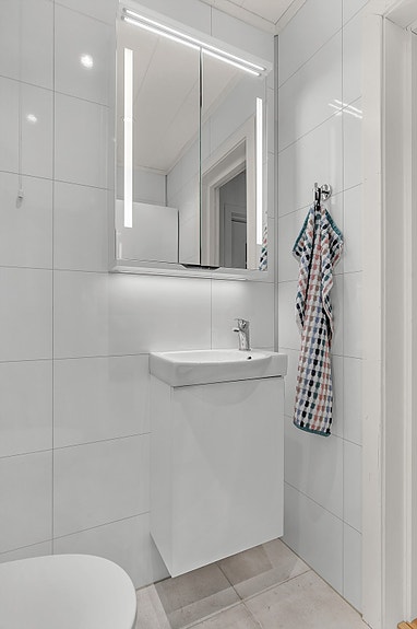 Servant med underskap og speilskap med lys. Gulvmontert toalett fra 2024.