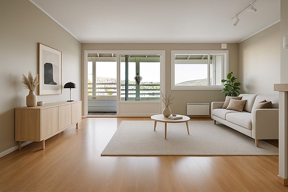 Romslig stue med utgang til terrasse. Rommet er digitalt stylet