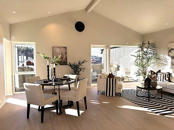 Velkommen til Føykåsveien 12C - En splitter ny bolig . Stue med imponerende høye innvendige himlingene som gir hjemmet et unikt særpreg