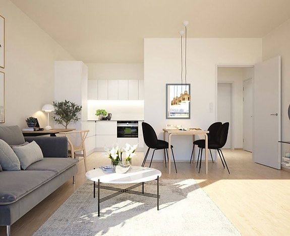 Illustrasjon Moderne 2-roms fra 2023 med stor balkong og sentral beliggenhet.