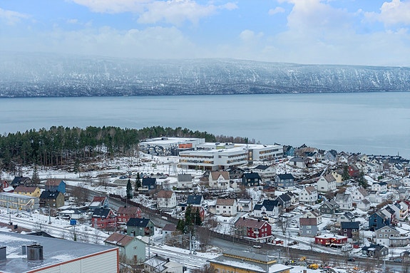 Flott utsikt over fjell, fjord og bebyggelse