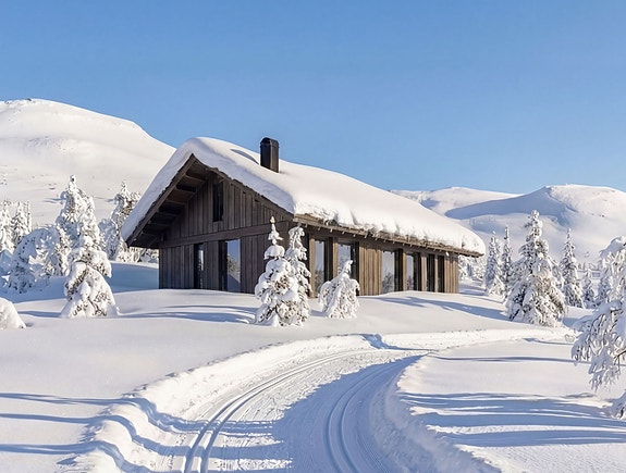 Vy hyttene glir inn i landskapet på en elegant måte. AI-Illustrasjon Vy19AH.