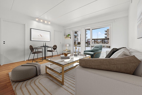 Velkommen til Dampsaga Allè 94 - En lys og moderne 3-roms selveierleilighet beliggende i ettertraktede Dampsaga, midt i Jessheim sentrum (Bildet er digitalt illustrert).