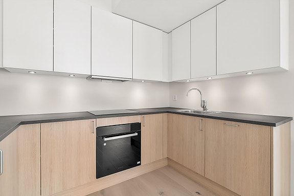 Integrert oppvaskmaskin og integrert stekeovn med platetopp og ventilator.