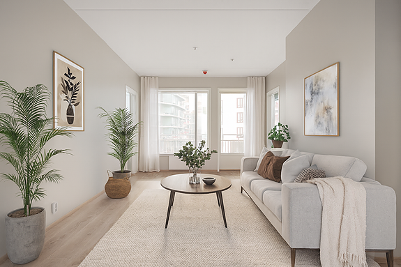 Lys og romslig stue med utgang til balkong