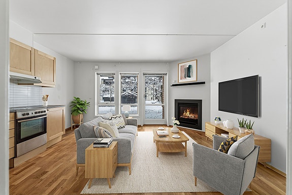 Velkommen til Såvegen 1 C! En lys og praktisk 2-roms selveierleilighet i 1. etasje med garasjeplass. (Bildet er digitalt stylet). Foto: Morten Eriksen.