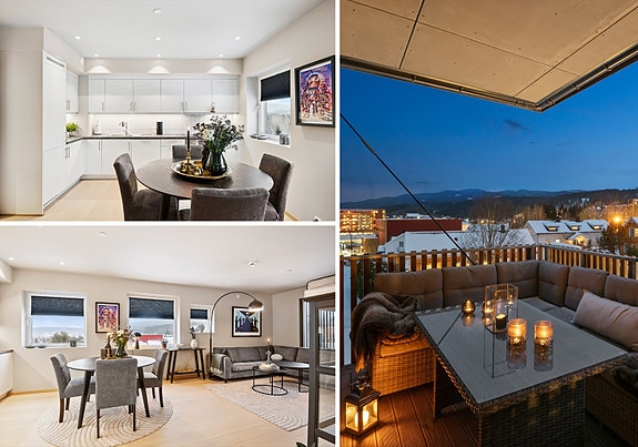 Velkommen til en flott og innbydende 4-roms endeleilighet med nydelig utsikt og sentral beliggenhet. Tilhørende garasjeplass med elbillader. Foto Efkt (Lin Kværnhaug).