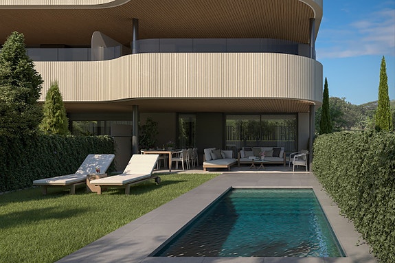 NYHET! Leilighet på bakkeplan med 3 soverom | Privat basseng og terrasse | Første linje golf