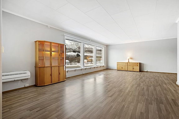 Stuen har store vindusflater som slipper inn rikelig med lys.