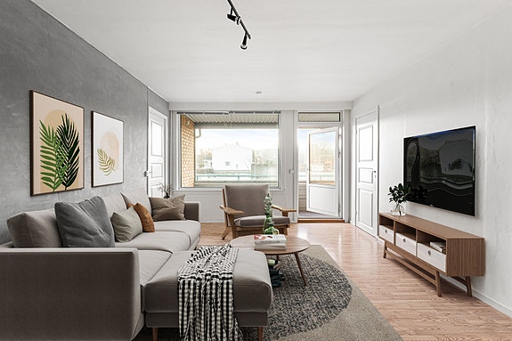 EiendomsMegler 1 har gleden av å presentere en flott 3-roms leilighet med flott beliggenhet på Bromstad/Valentinlyst. Foto: Nervik. Bilde er virtuelt fremstilt med møbler.