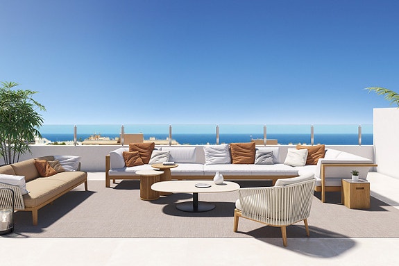 Hjørne-penthouse med nydelig havutsikt  | 3 soverom og stor takterrasse 175m2 | Gangavstand til strand