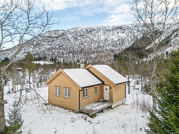 Hytta fra 2015 med innlagt strøm og vann.