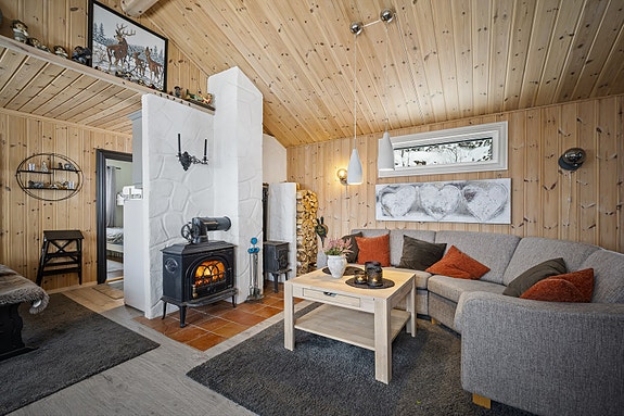 Hyggelig stue med god plass til både sofa og spisebord.