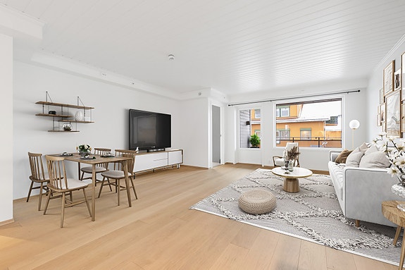 Velkommen til Veiberggata 5 - Lys og pen 3-roms selveierleilighet i 2. etasje midt i Jessheim sentrum! (Fotograf: Trond Walsø) Bildet er digitalt stylet.