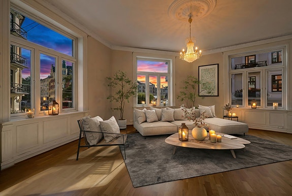 Velkommen til Bogstadveien 62B! Bildet er fotostylet og redigert med AI, Bildet er av illustrativ karakter og angir nødvendigvis ikke korrekt gjengivelse av elementer i boligene. Fotograf: zOvenfra.