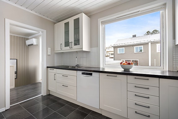 Det er integrert oppvaskmaskin, platetopp, stekeovn og mikro