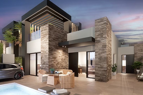 Moderne villa på et plan | Stor uteplass og takterrasse | 3 soverom og 2 bad