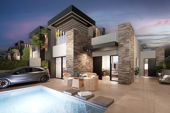 Moderne villa på et plan | Stor uteplass og takterrasse | 3 soverom og 2 bad