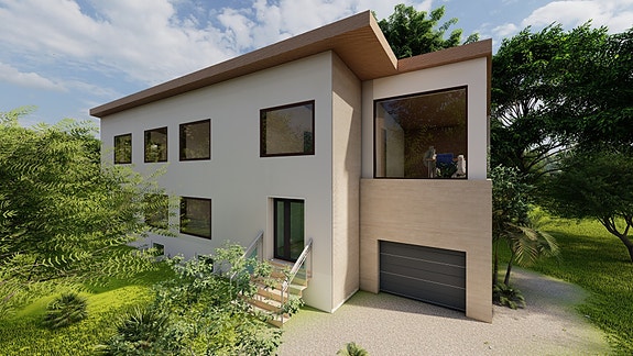 Illustrasjonen er en visualisering av tiltak det er gitt ramme- og igangsettingstillatelse for. Eiendommen selges som boligtomt med påstående bygningsmasse. Tiltaket er ikke ferdigstilt. Endelig utførelse, materialvalg og tekniske løsninger kan avvike.