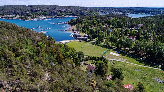 Hytta ligger kort fra Varmbadbukta, og har egen båtplass. Den ligger skjermet av furu og bjørk mot en stor slette - en fin, åpen aktivitetsplass på vei ned mot stranda. Foto: Steffen Larsen.