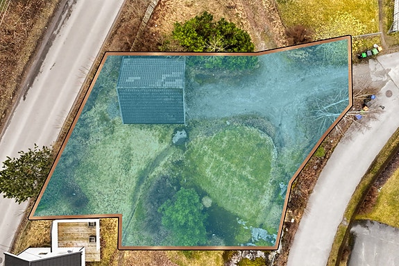 Dronefoto med stipulert tomtegranse. Foto: THT Foto