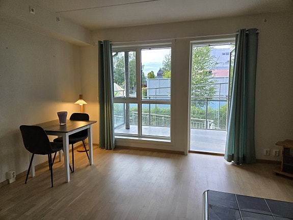 Stue med spisebord og terrasse
