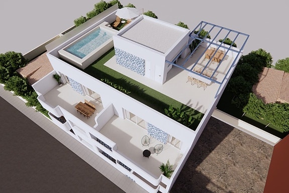 Felles takterrasse med basseng og uteplass