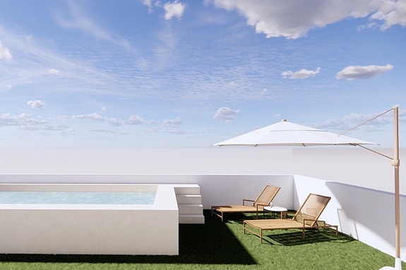 Felles takterrasse med basseng og uteplass