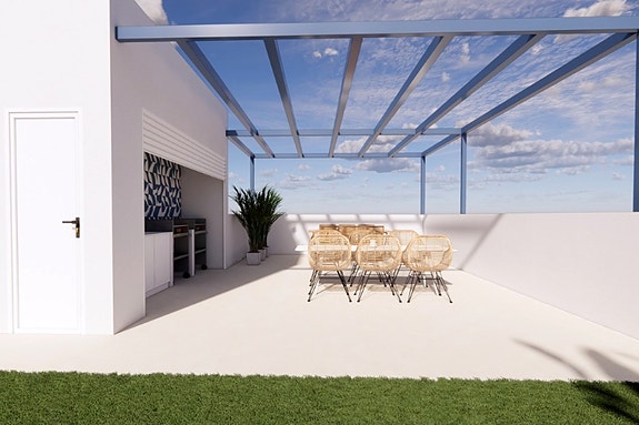 Felles takterrasse med basseng og uteplass