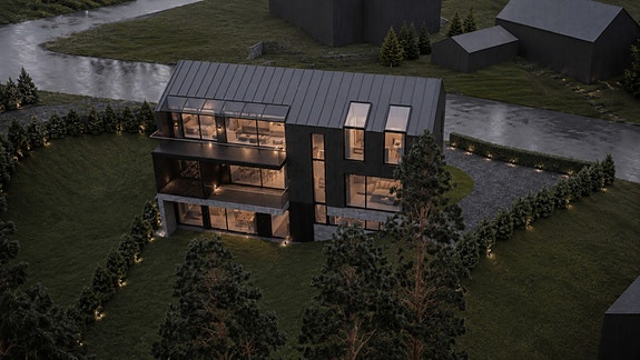 Ny enebolig. Det gjøres oppmerksom på at bildet er AI-redigert og er basert på arkitekttegninger. Avvik kan likevel forekomme.