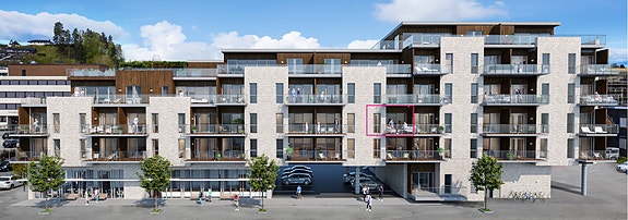 Leiligheten ligger i 3. etasje i Sundgata Terrasse i Hønefoss sentrum