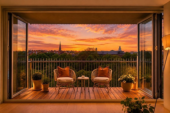 Nordvik v/Moestue har gleden av å presentere idylliske Waldemars hage 2! Foto: Rullende Fotograf AS, kveldsstemning generert av KI.
