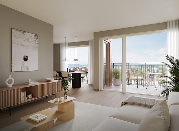 Meget innbydende 4-roms topp- og hjørneleilighet med egen privat takterrasse. Høye vinduer, balkong, 2 bad og mastersuite. Illustrasjonsbilde - kan avvike fra standardleveranse.