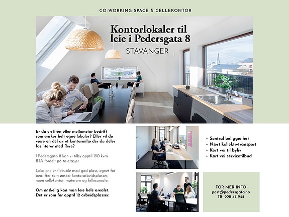 PEDERSGATA 8
Ca. 190 kvm fordelt på 2. og 3. etasje – fleksible lokaler egnet for bedrifter som ønsker kontorarbeidsplasser, møterom og fellesarealer. Fungerer i dag som kontorfellesskap for flere bedrifter. Om ønskelig kan man leie hele arealet.
